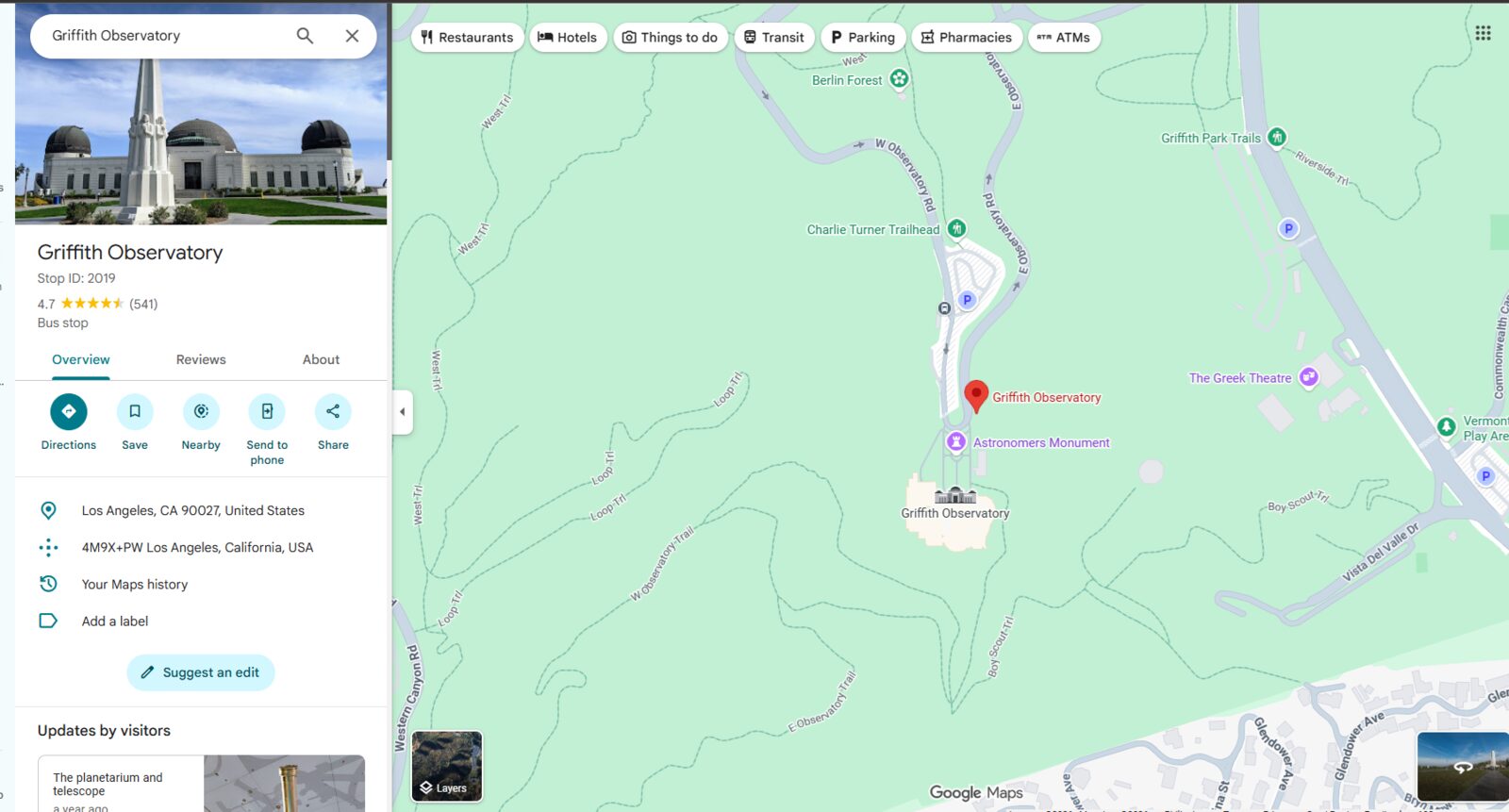 Google Maps showing a saved place, Griffith Observatory, with the pin dropped