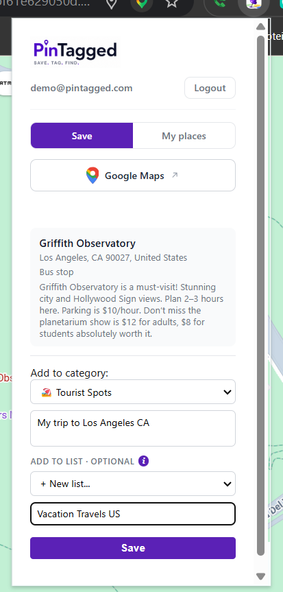 PinTagged popup showing the saved place with category, notes, and list options