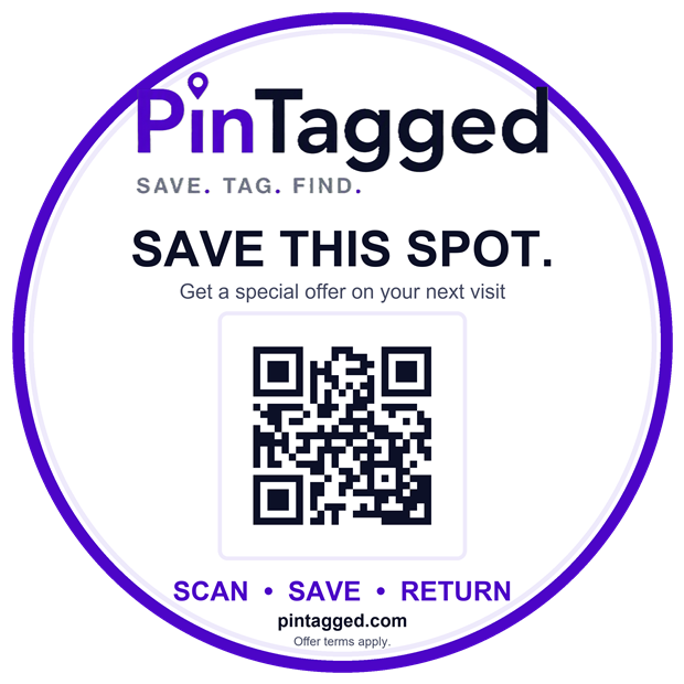 Example round PinTagged partner sticker: “Save this spot. Get a special offer on your next visit. Scan, save, return.” The QR code shown is sample artwork.