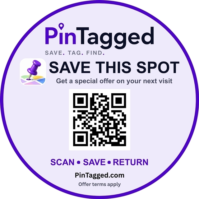 Round PinTagged window sticker: “Save this spot. Get a special offer on your next visit. Scan, save, return. PinTagged.com. Offer terms apply.” Its QR code opens the PinTagged website, not a merchant campaign.